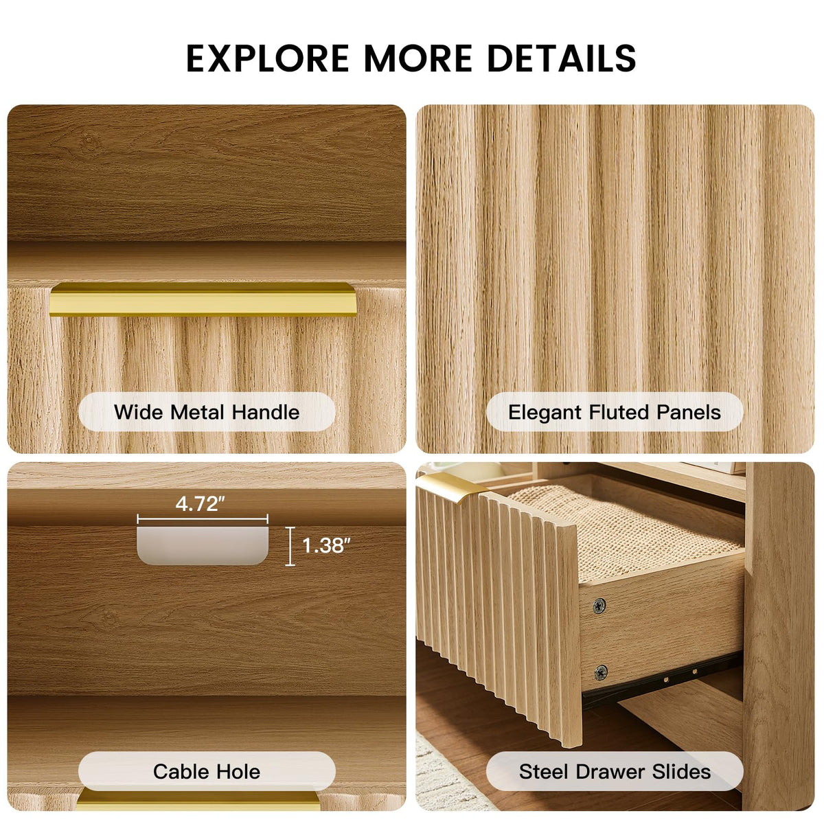 Fluted TV Stand with Storage Drawers and Open Shelf H411