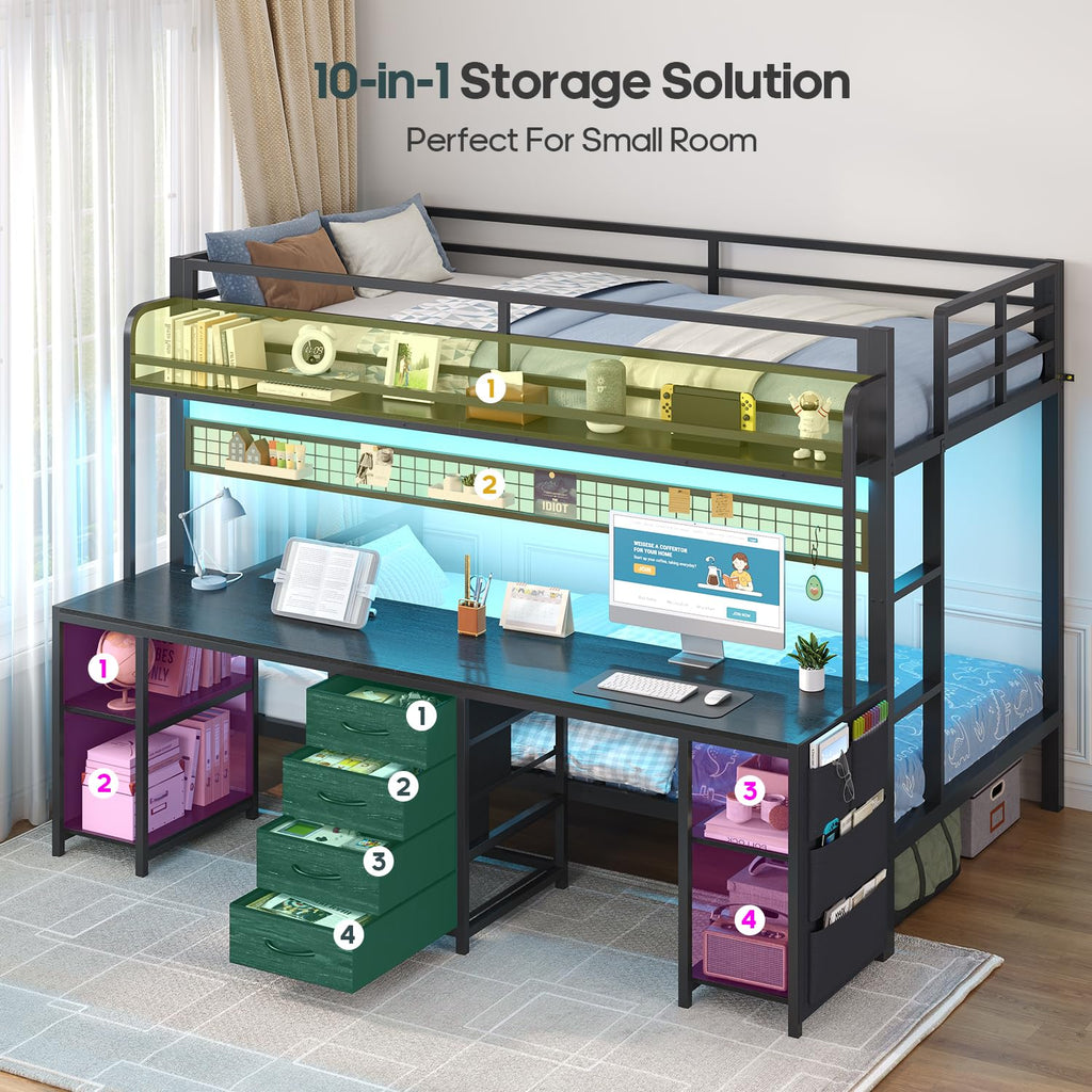 Twin Over Twin Bunk Bed with Desk and LED Lights A838177