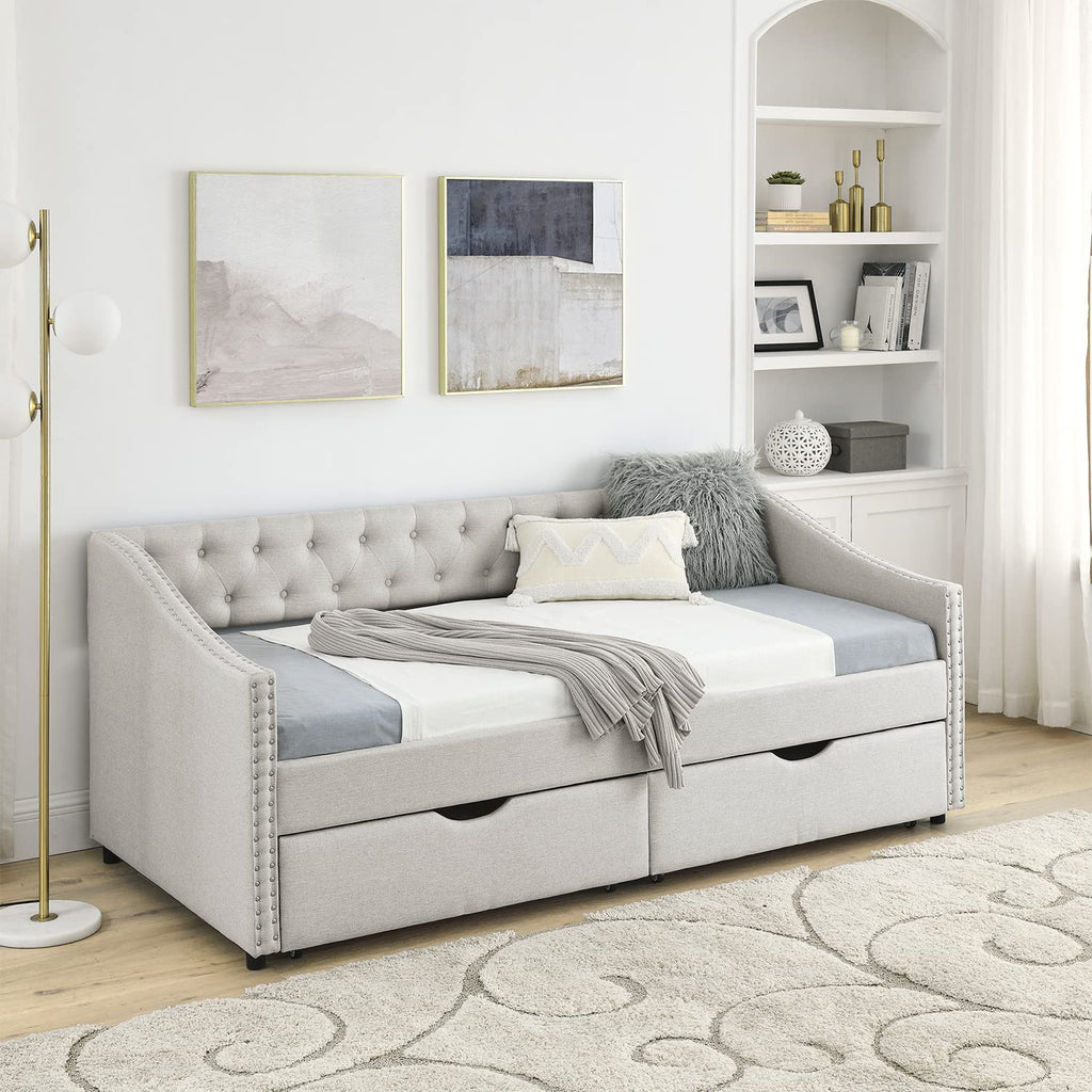 Beige Twin Size Upholstered Daybed with Drawers B876163