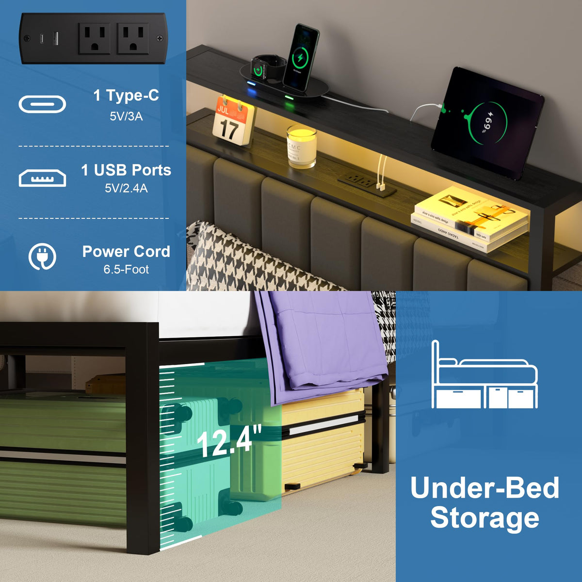 Black Twin Size Platform Bed Frame with Charging Station and LED Lights V704