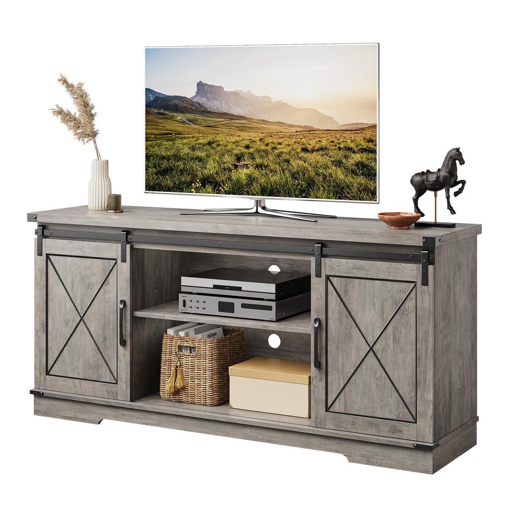 Farmhouse TV Stand with Sliding Barn Doors and Storage Cabinets J6586