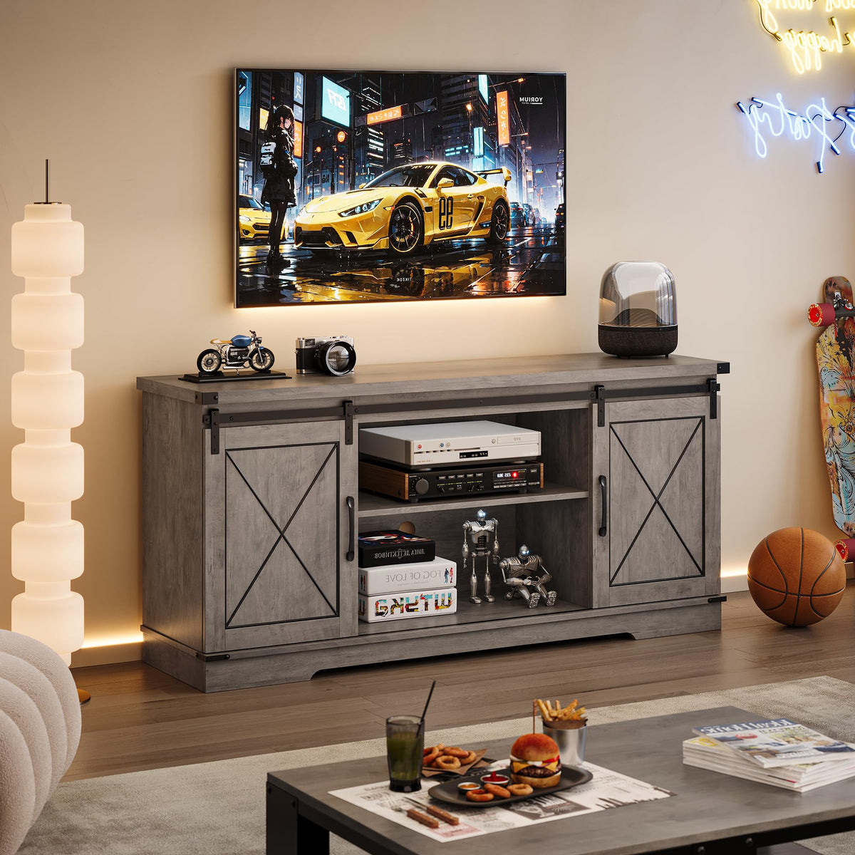 Farmhouse TV Stand with Sliding Barn Doors and Storage Cabinets J6586