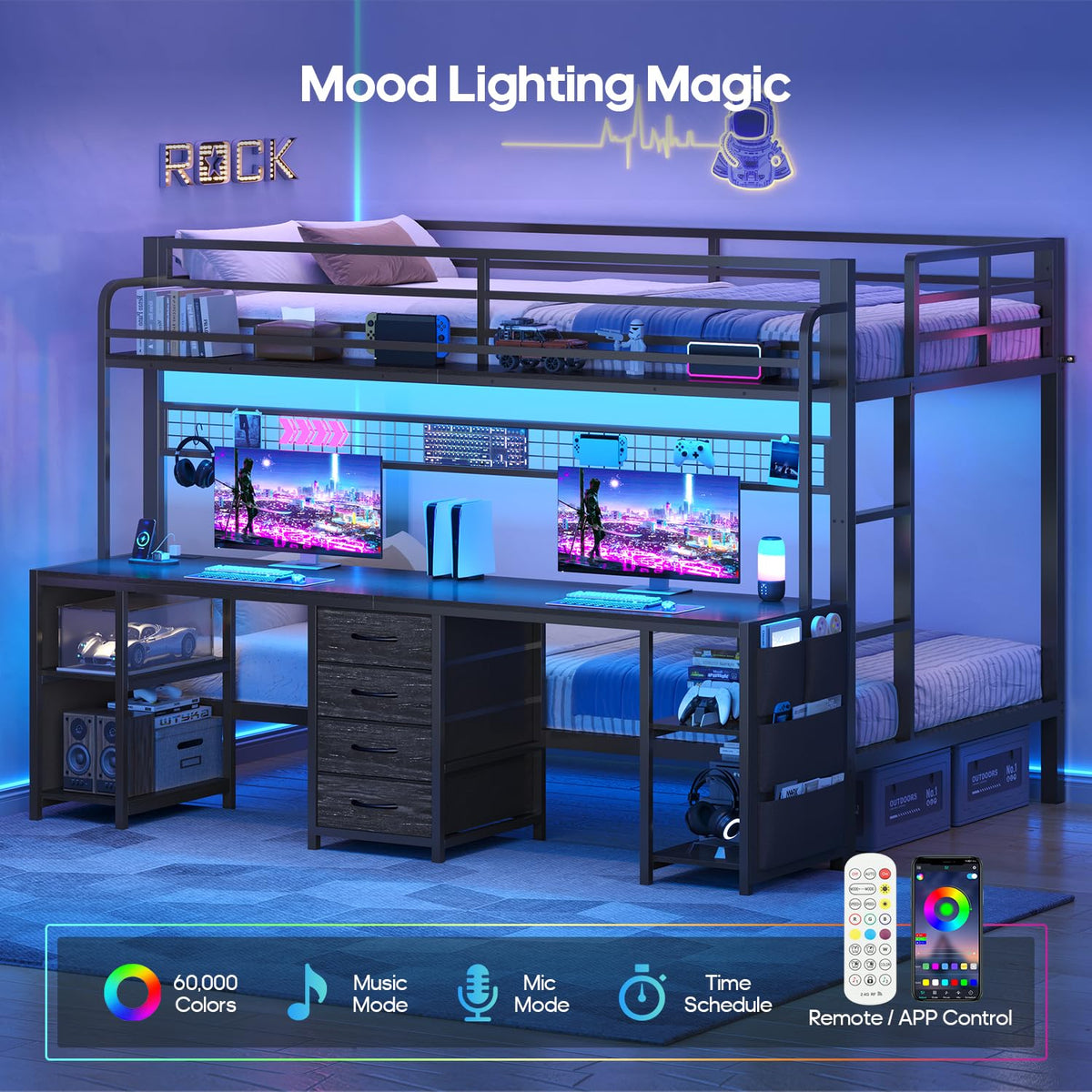 Twin Over Twin Bunk Bed with Desk and LED Lights A838177