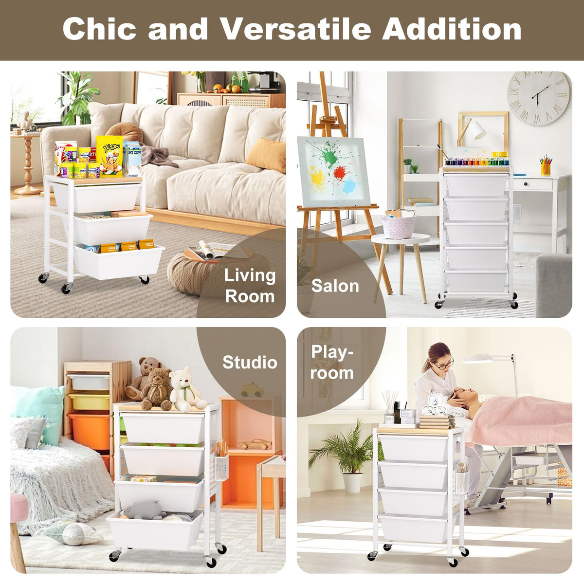 Rolling Storage Cart with 5 Plastic Drawers and Wooden Tabletop Z9368