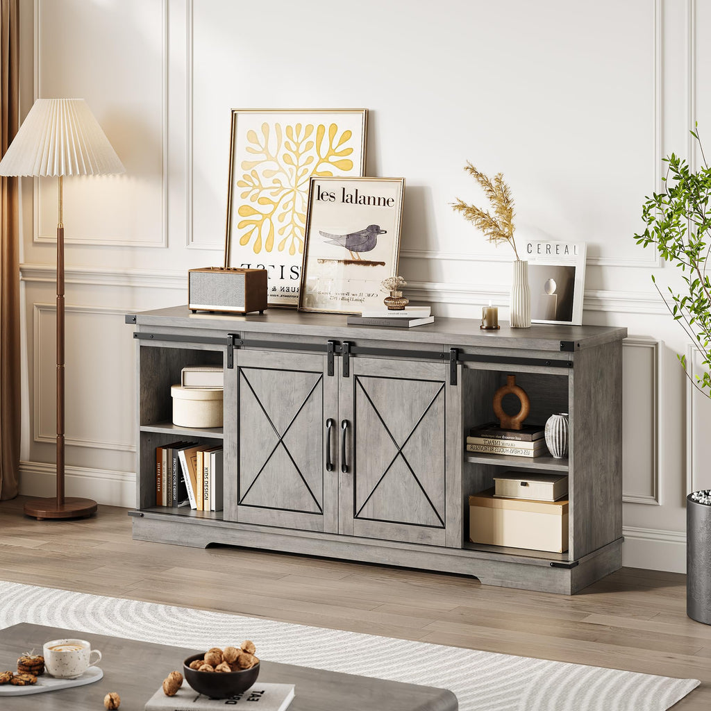 Farmhouse TV Stand with Sliding Barn Doors and Storage Cabinets J6586