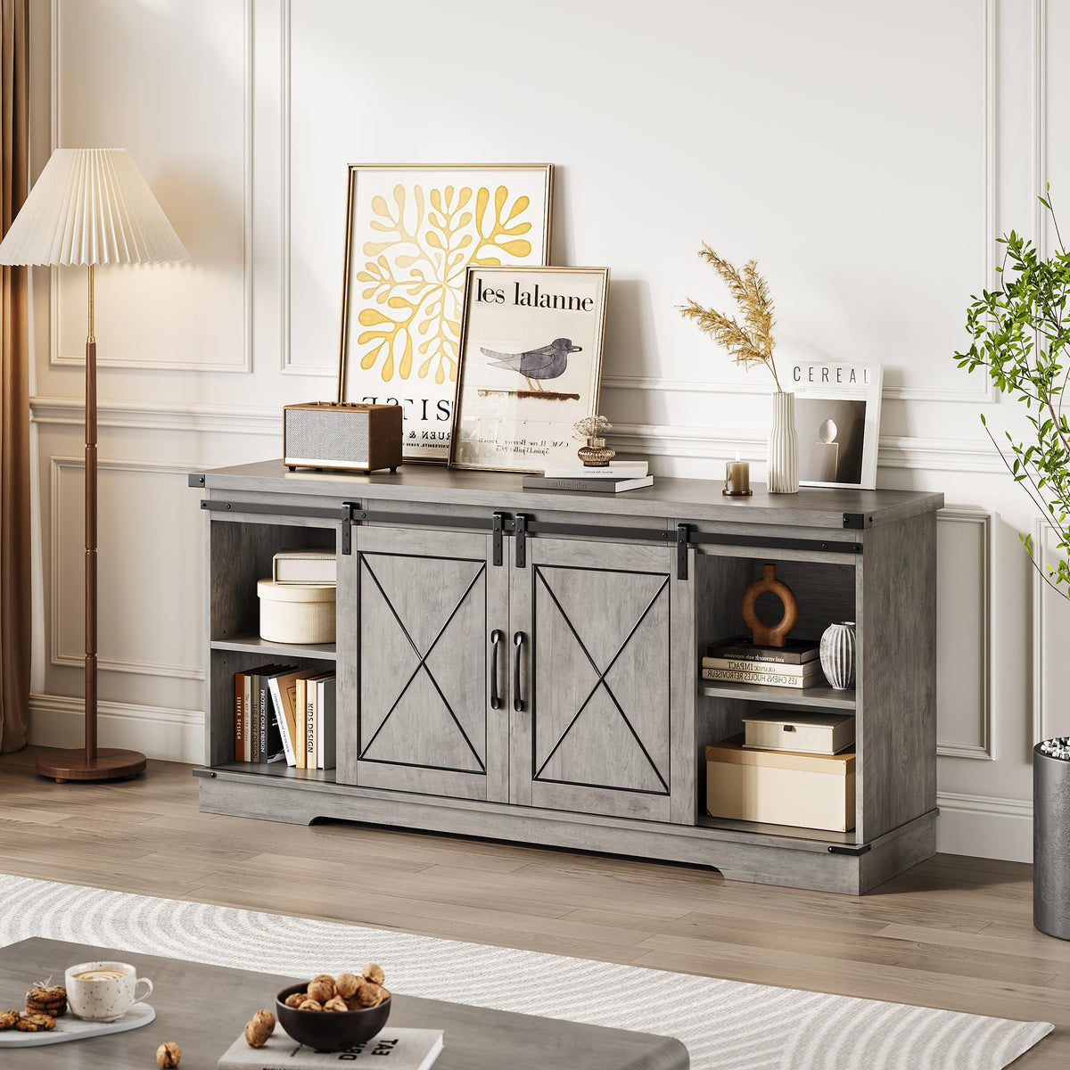 Farmhouse TV Stand with Sliding Barn Doors and Storage Cabinets J6586