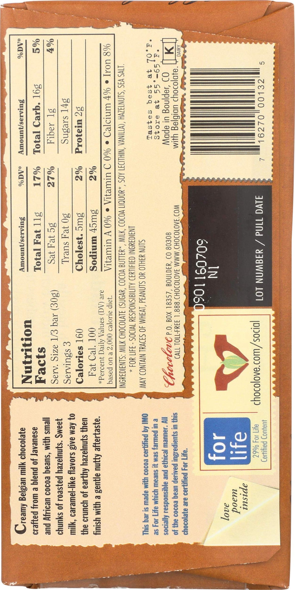Hazelnut Milk Chocolate Bar 3.2 OZ V261