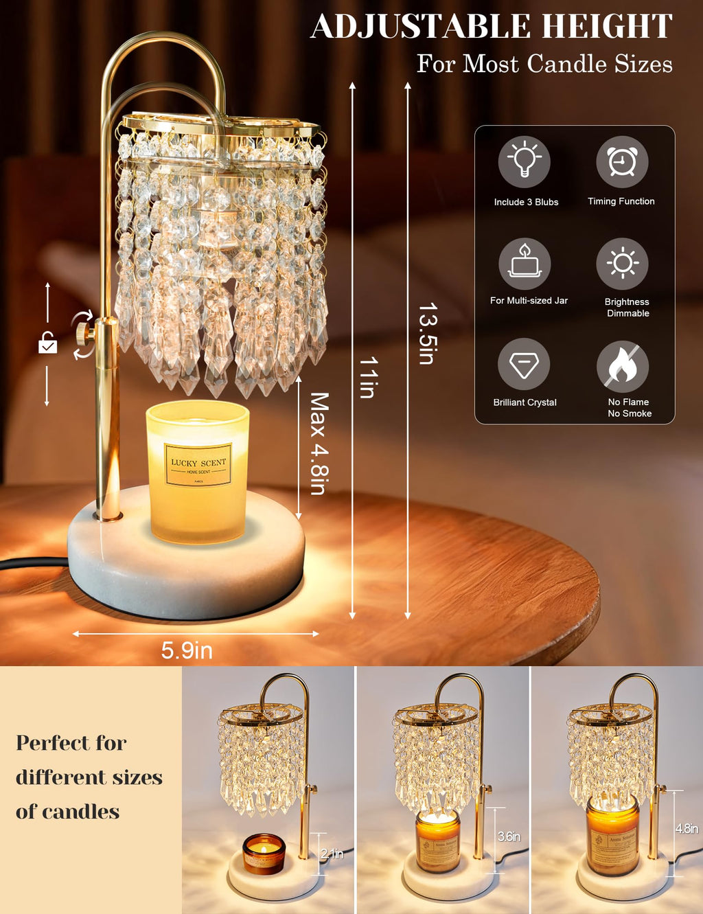 Candle Warmer Lamp with Timer Dimmable Adjustable Height Gold O4928