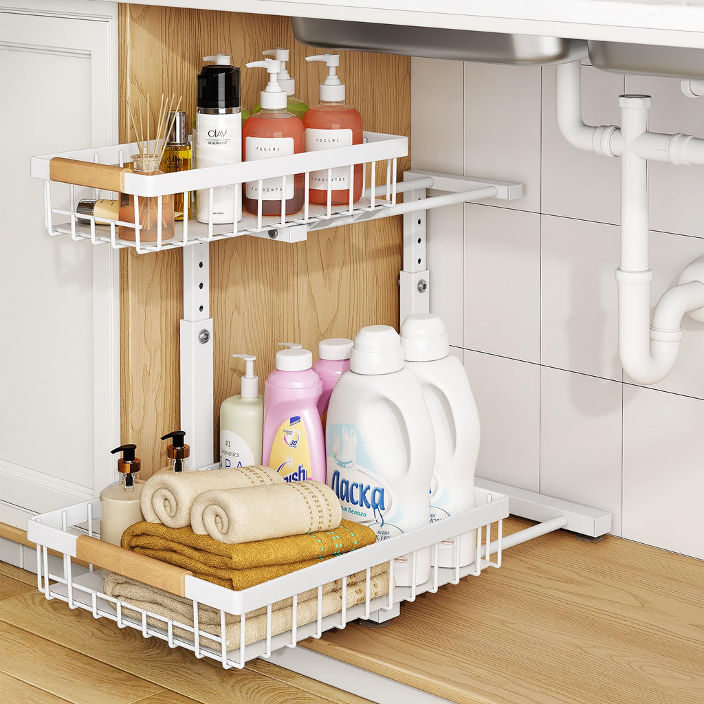 Adjustable 2 Tier Pull Out Under Sink Organizer, White, 2 Pack Y364904