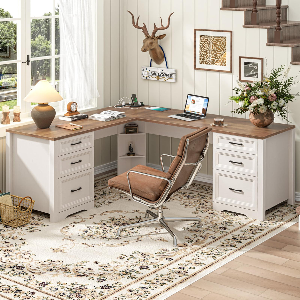Brown L Shaped Executive Desk with 6 Drawers R46501
