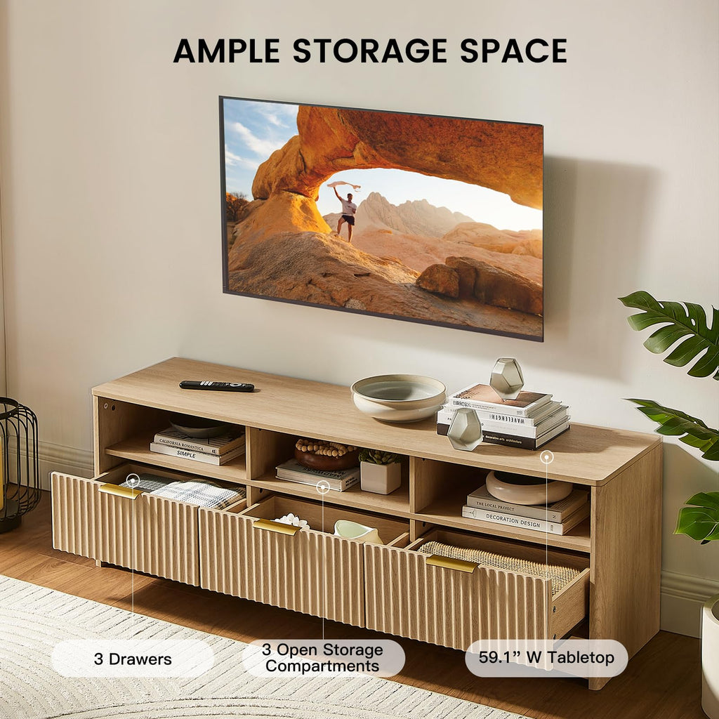 Fluted TV Stand with Storage Drawers and Open Shelf H411