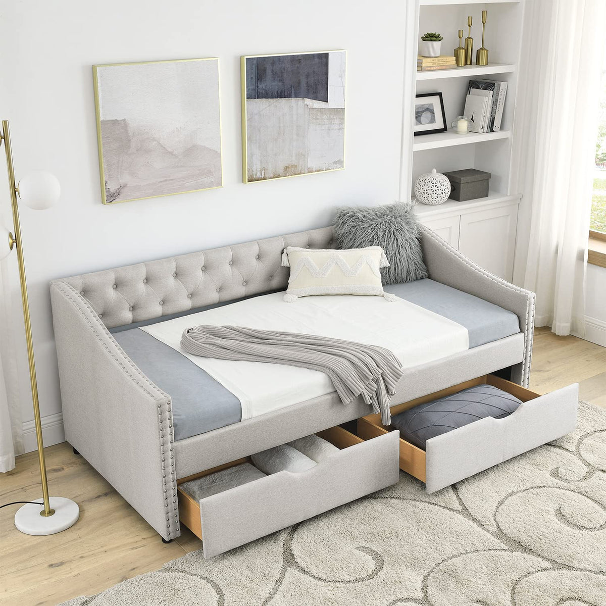 Beige Twin Size Upholstered Daybed with Drawers B876163