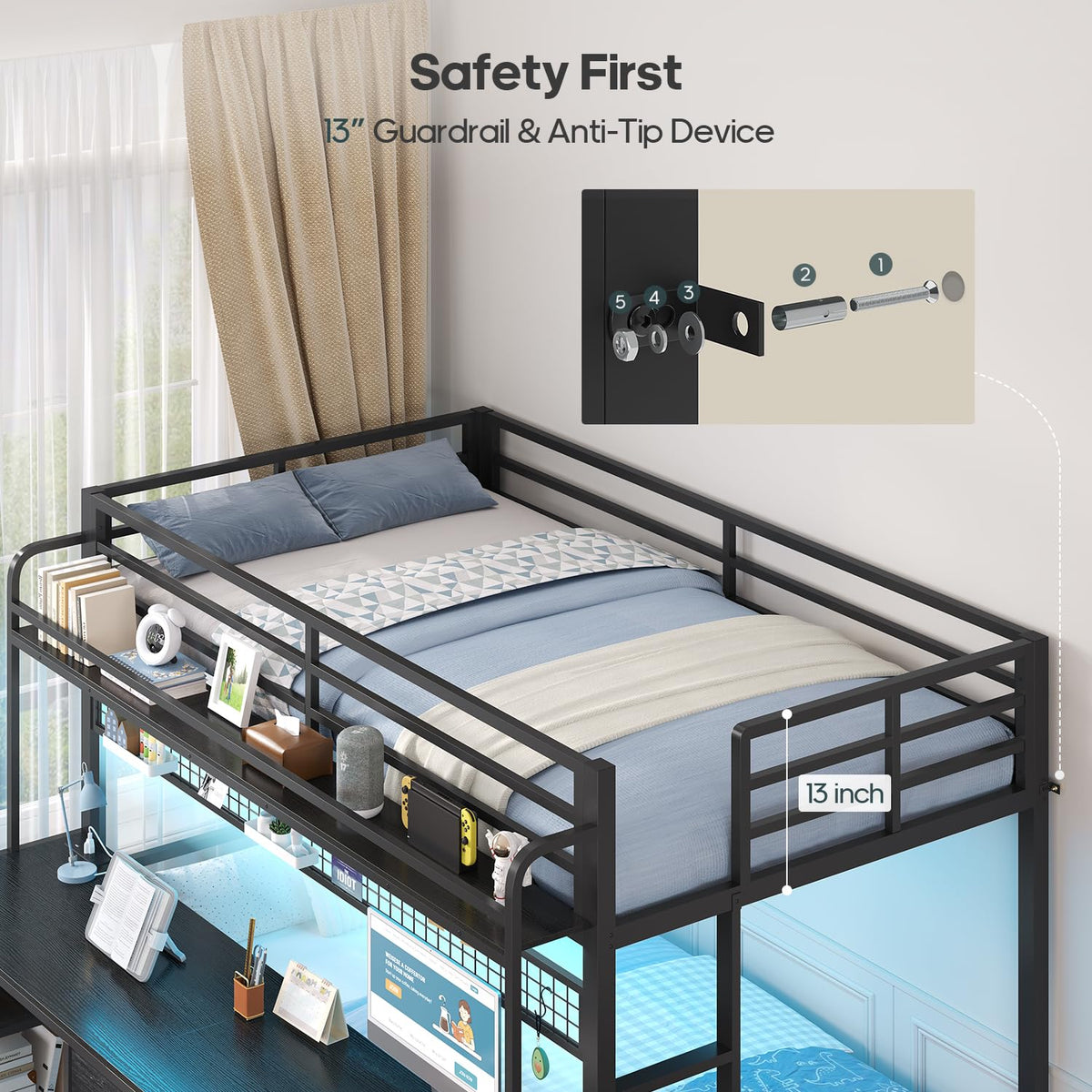Twin Over Twin Bunk Bed with Desk and LED Lights A838177
