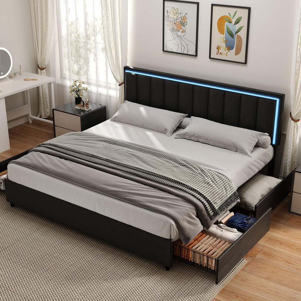 Black Full Size Upholstered Bed Frame with 4 Drawers and LED Lights Q54159