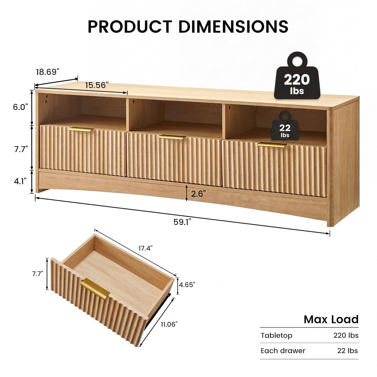 Fluted TV Stand with Storage Drawers and Open Shelf H411