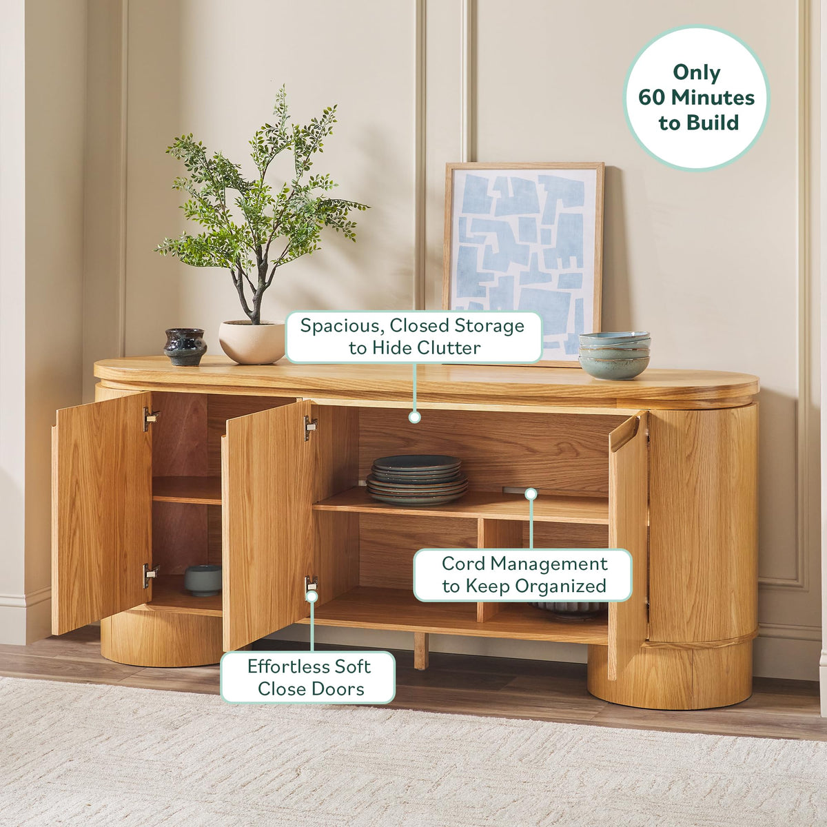 70 Inch White Oak Wood Sideboard TV Stand with Storage W413