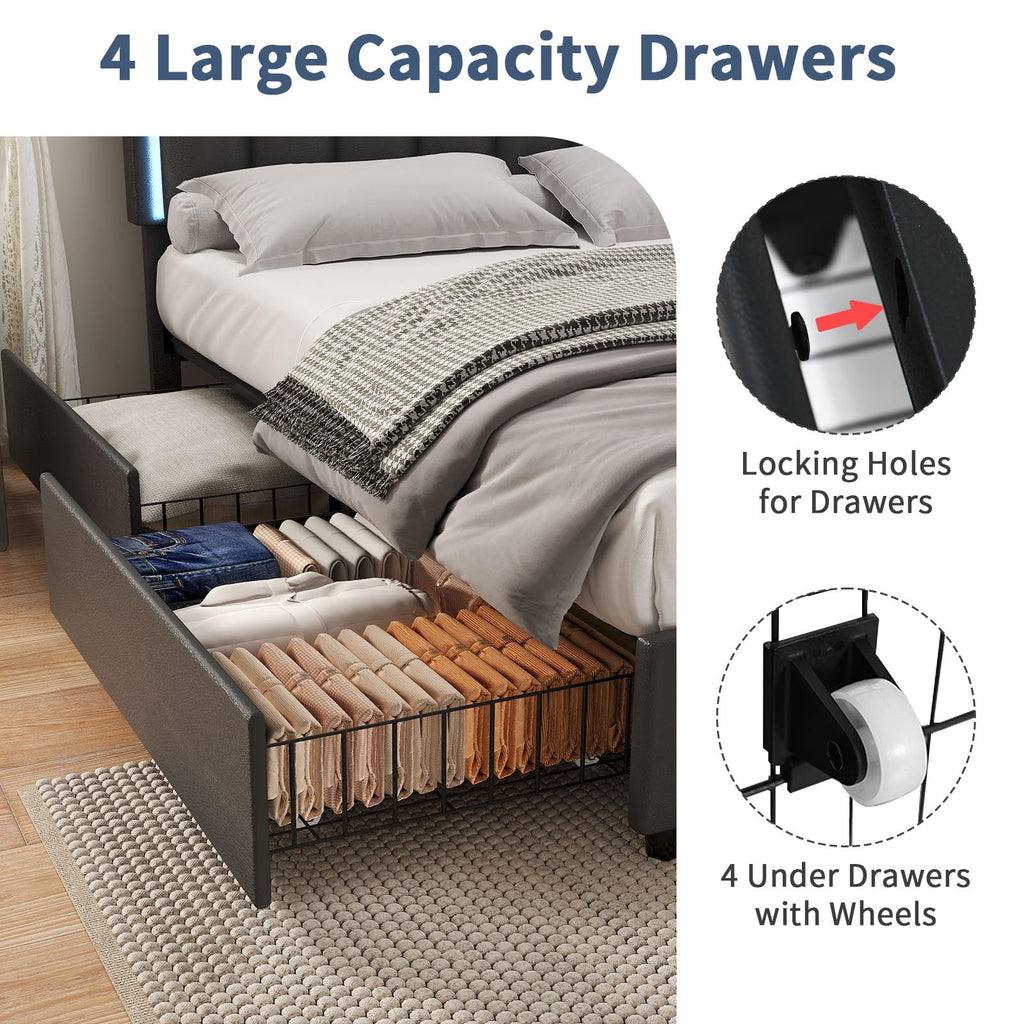 Black Full Size Upholstered Bed Frame with 4 Drawers and LED Lights Q54159