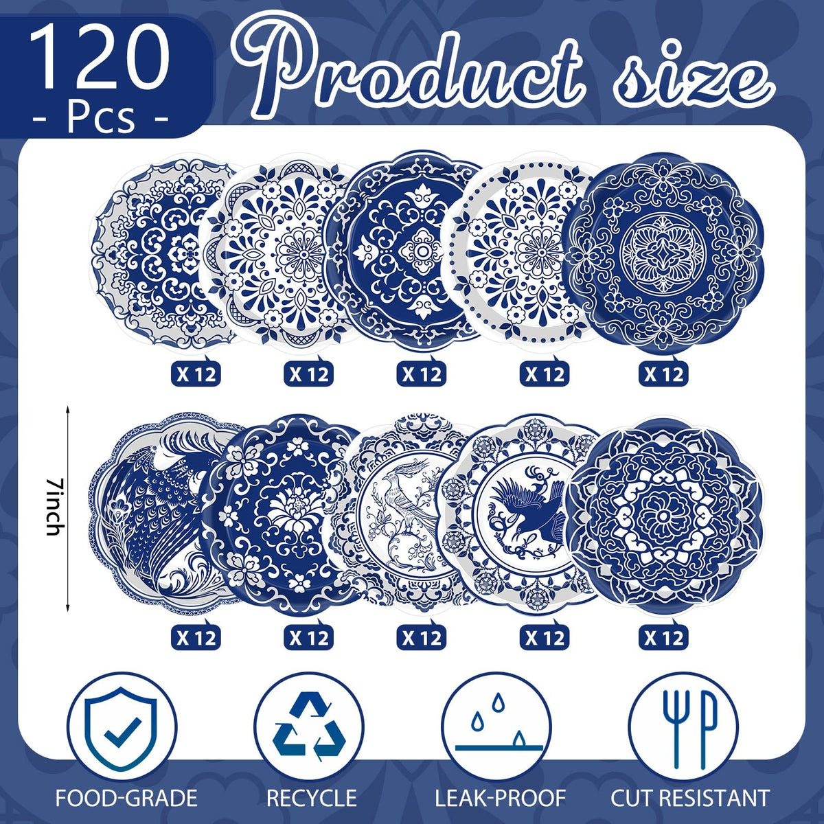 120 Pieces 7 Inch Blue Floral Paper Plates D63459