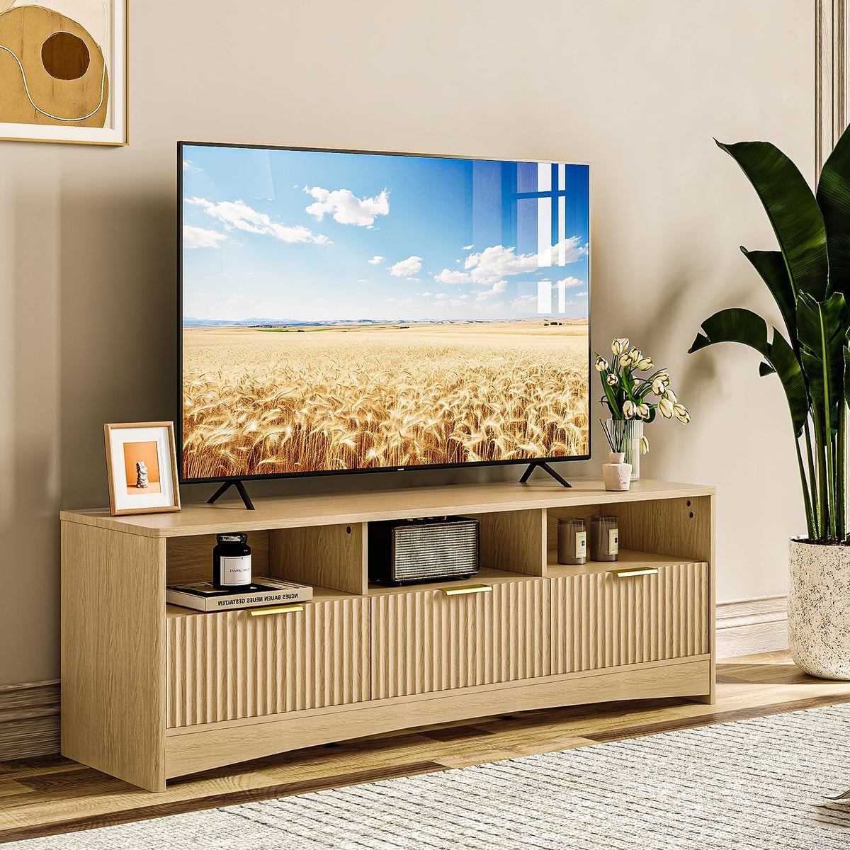 Fluted TV Stand with Storage Drawers and Open Shelf H411