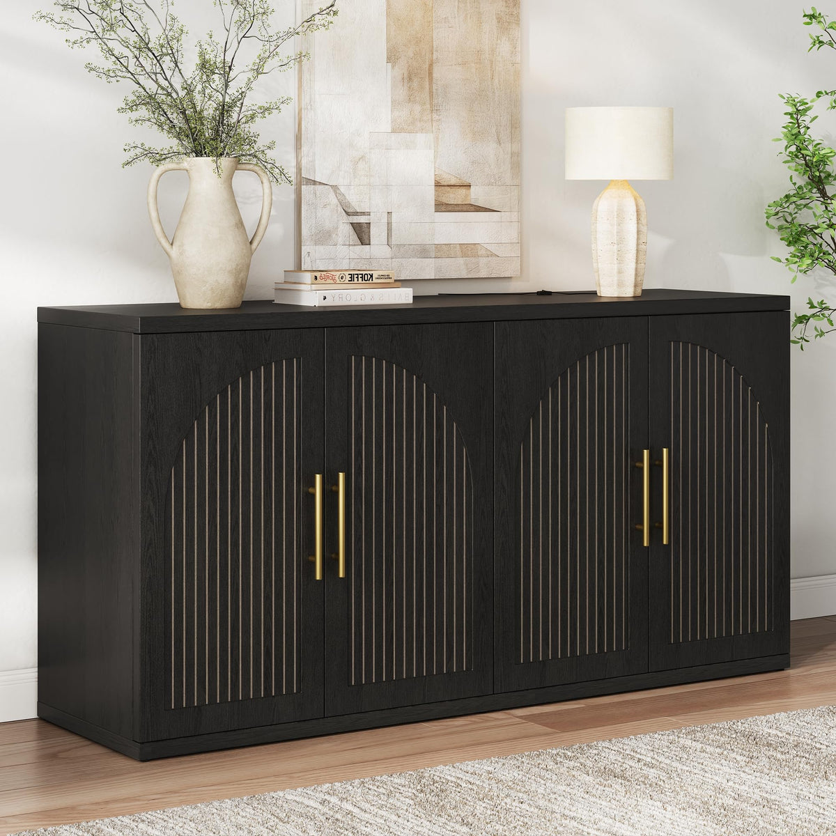 63" Black Wood Buffet Cabinet with Storage W5527