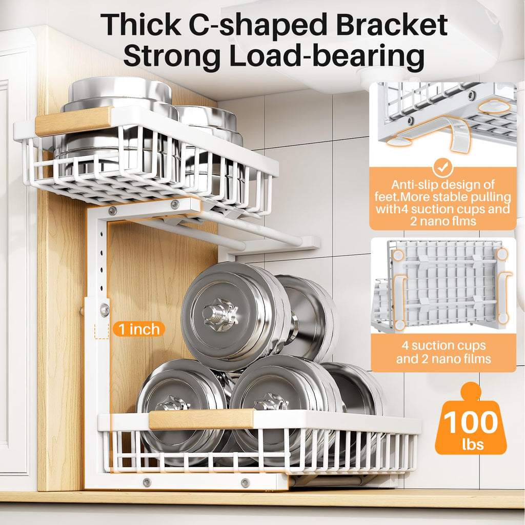 Adjustable 2 Tier Pull Out Under Sink Organizer, White, 2 Pack Y364904