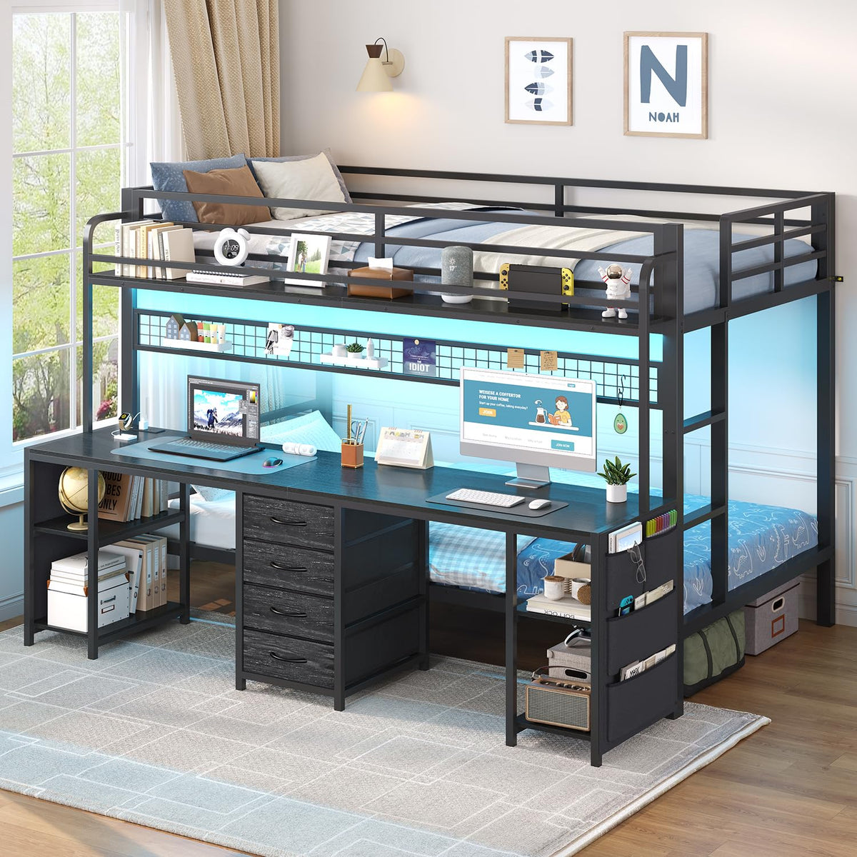 Twin Over Twin Bunk Bed with Desk and LED Lights A838177