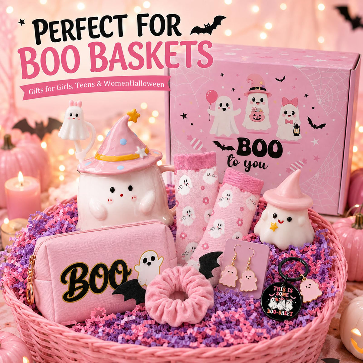 Pink Halloween Boo Basket Set with 14oz Cups Z427692