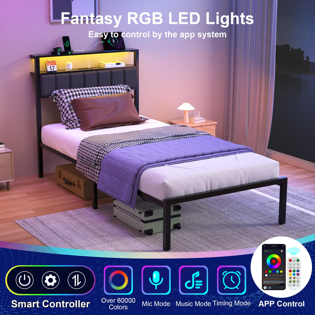 Black Twin Size Platform Bed Frame with Charging Station and LED Lights V704