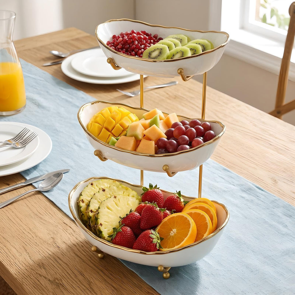 White Ceramic 3 Tier Fruit Bowl with Metal Stand A4852