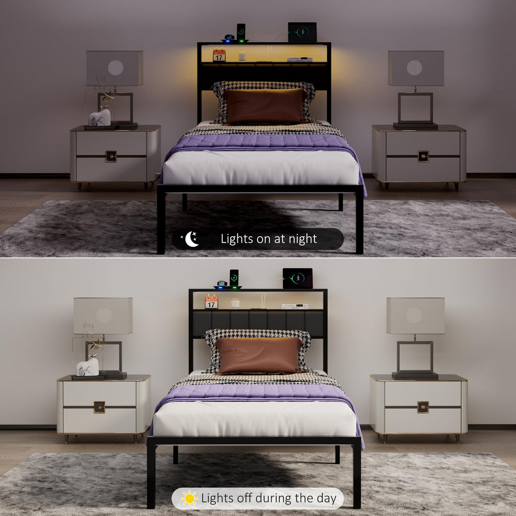 Black Twin Size Platform Bed Frame with Charging Station and LED Lights V704