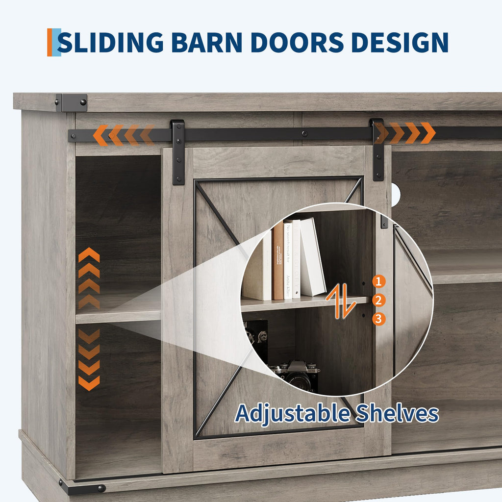 Farmhouse TV Stand with Sliding Barn Doors and Storage Cabinets J6586