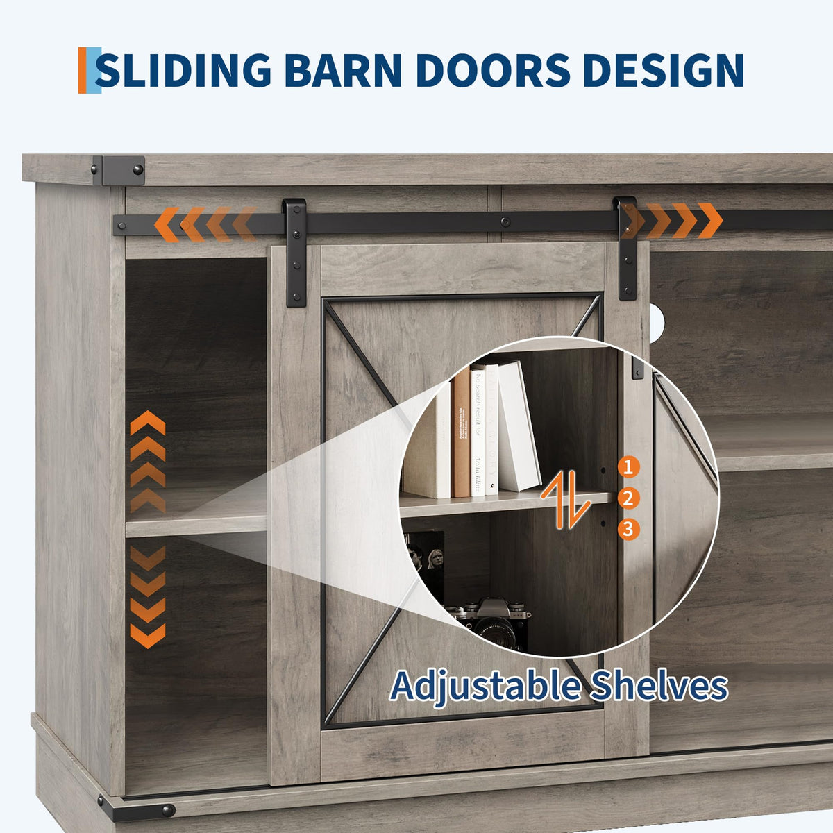 Farmhouse TV Stand with Sliding Barn Doors and Storage Cabinets J6586