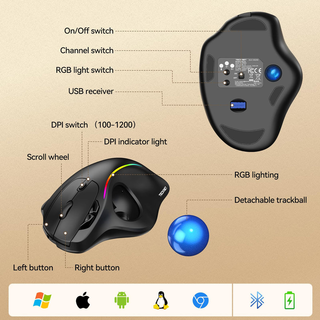 Wireless Bluetooth Ergonomic Trackball Mouse S3270