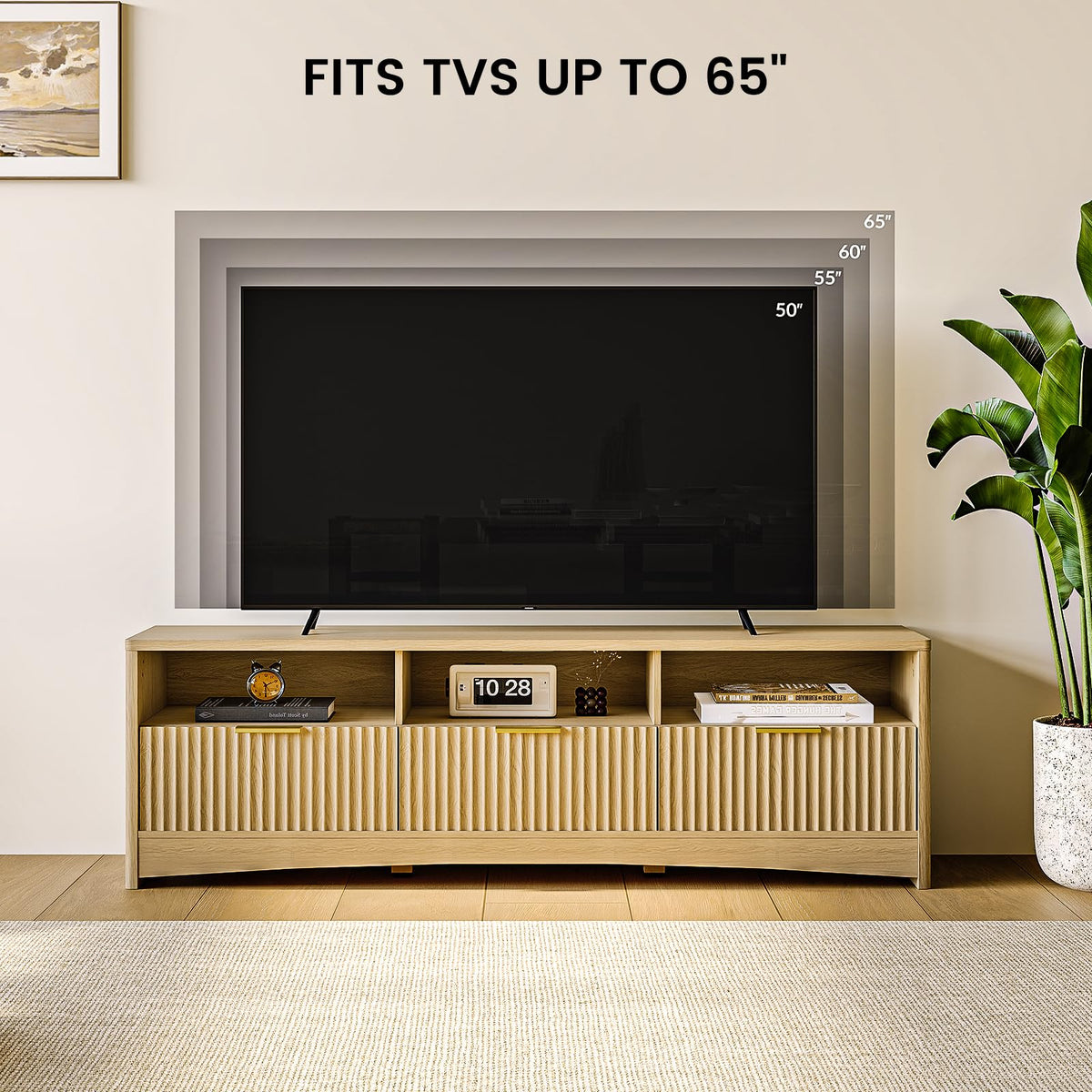 Fluted TV Stand with Storage Drawers and Open Shelf H411