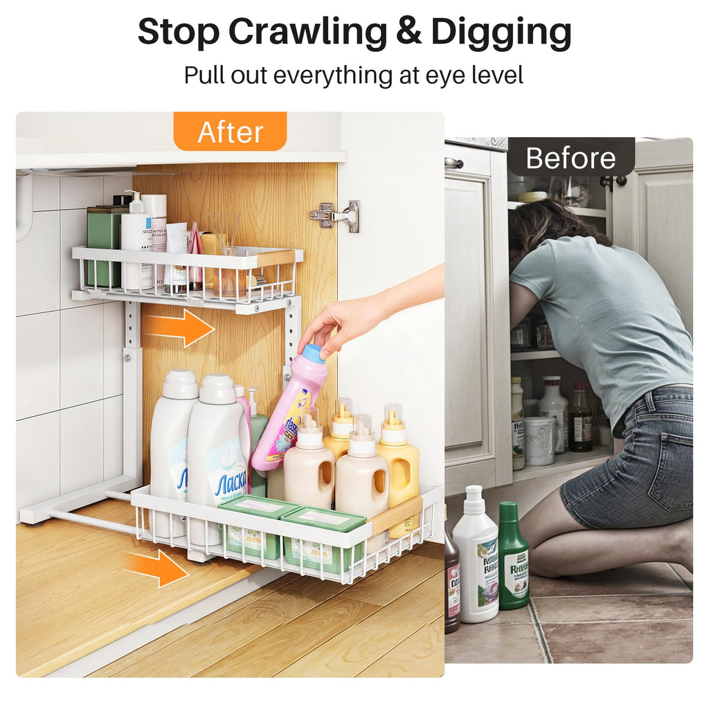 Adjustable 2 Tier Pull Out Under Sink Organizer, White, 2 Pack Y364904