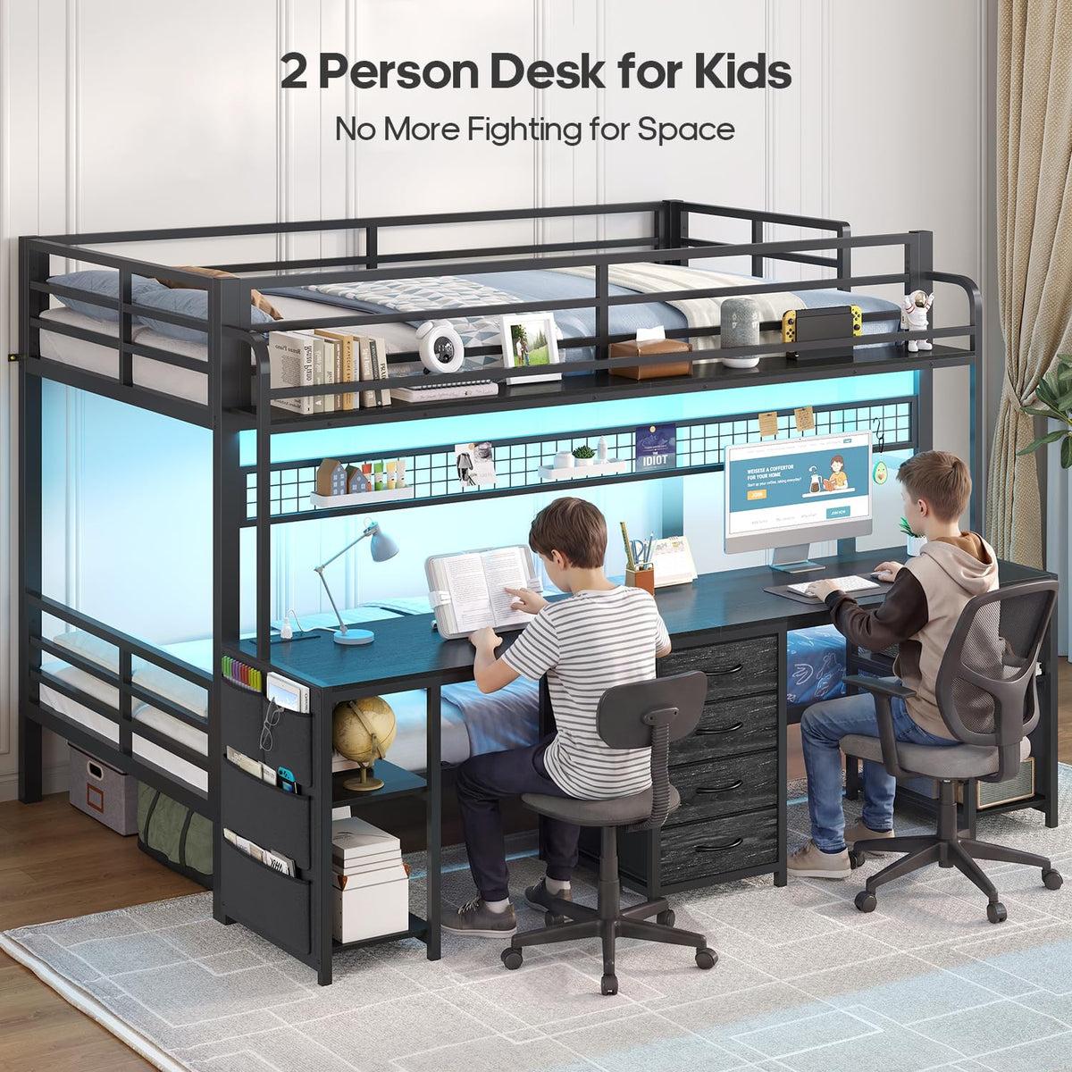 Twin Over Twin Bunk Bed with Desk and LED Lights A838177