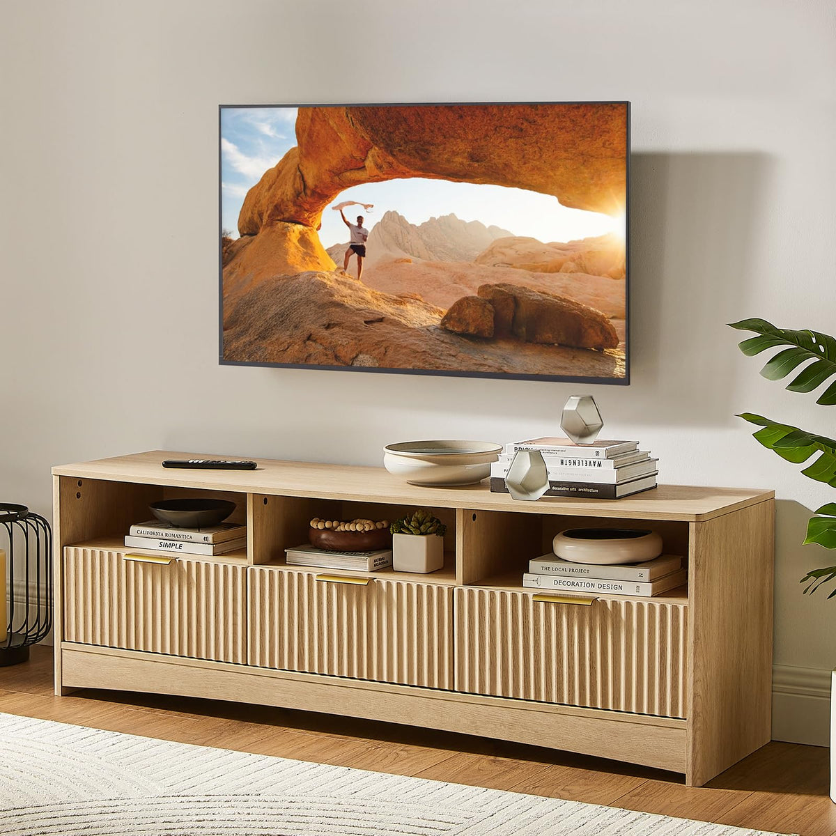 Fluted TV Stand with Storage Drawers and Open Shelf H411