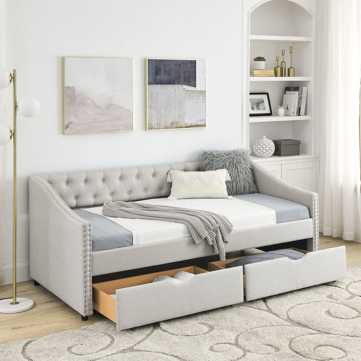 Beige Twin Size Upholstered Daybed with Drawers B876163