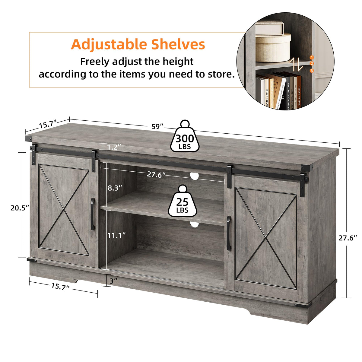 Farmhouse TV Stand with Sliding Barn Doors and Storage Cabinets J6586
