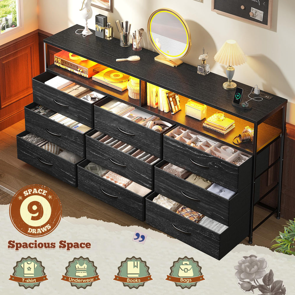 55" W 9 Drawer Dresser with LED and Power Outlets F1467