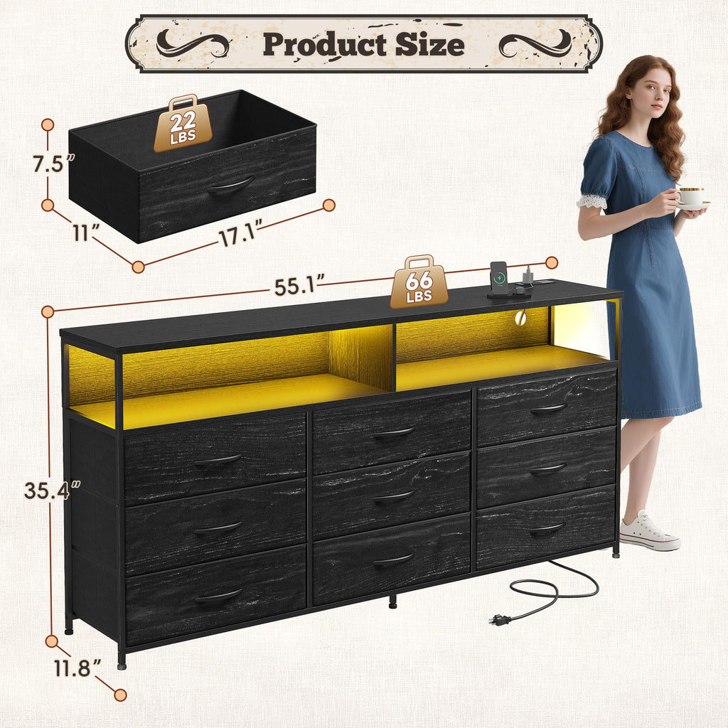 55" W 9 Drawer Dresser with LED and Power Outlets F1467