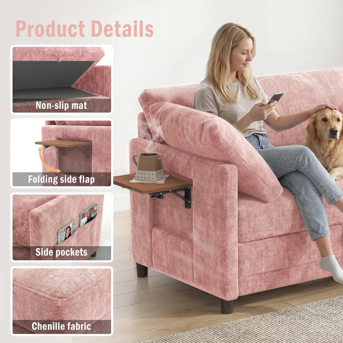 Pink Convertible Sofa Bed with Side Table H56807