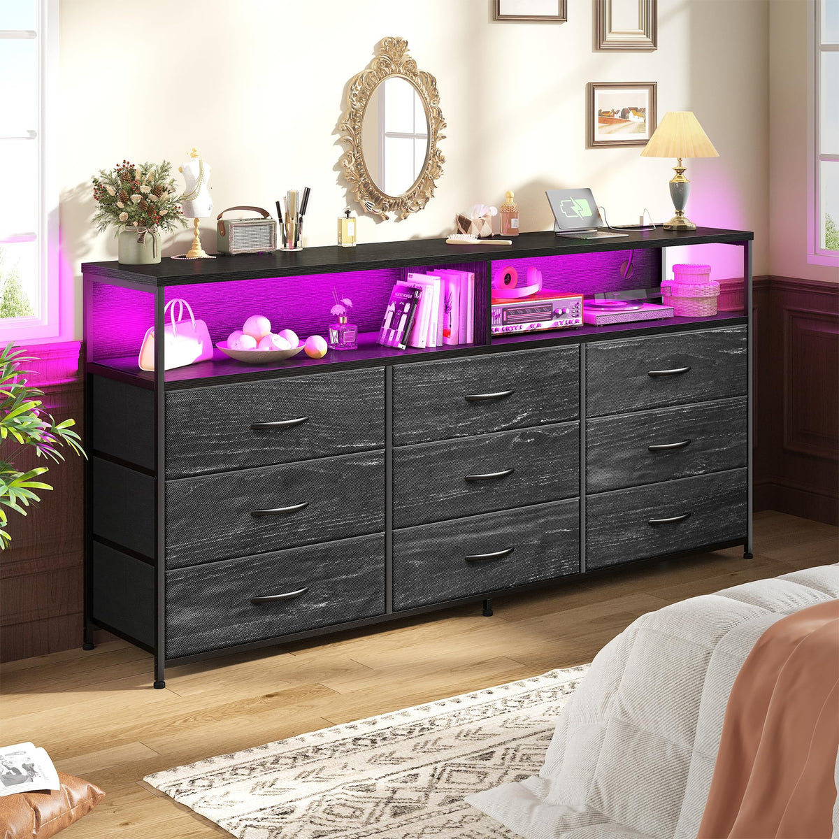 55" W 9 Drawer Dresser with LED and Power Outlets F1467