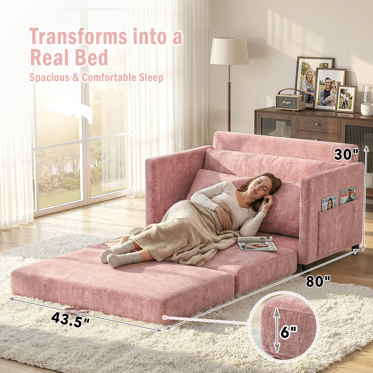Pink Convertible Sofa Bed with Side Table H56807